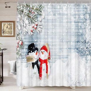 Christmas Snowman Snowfall Wood Board Plank 71X71" Fabric Shower Curtain Mat Set 