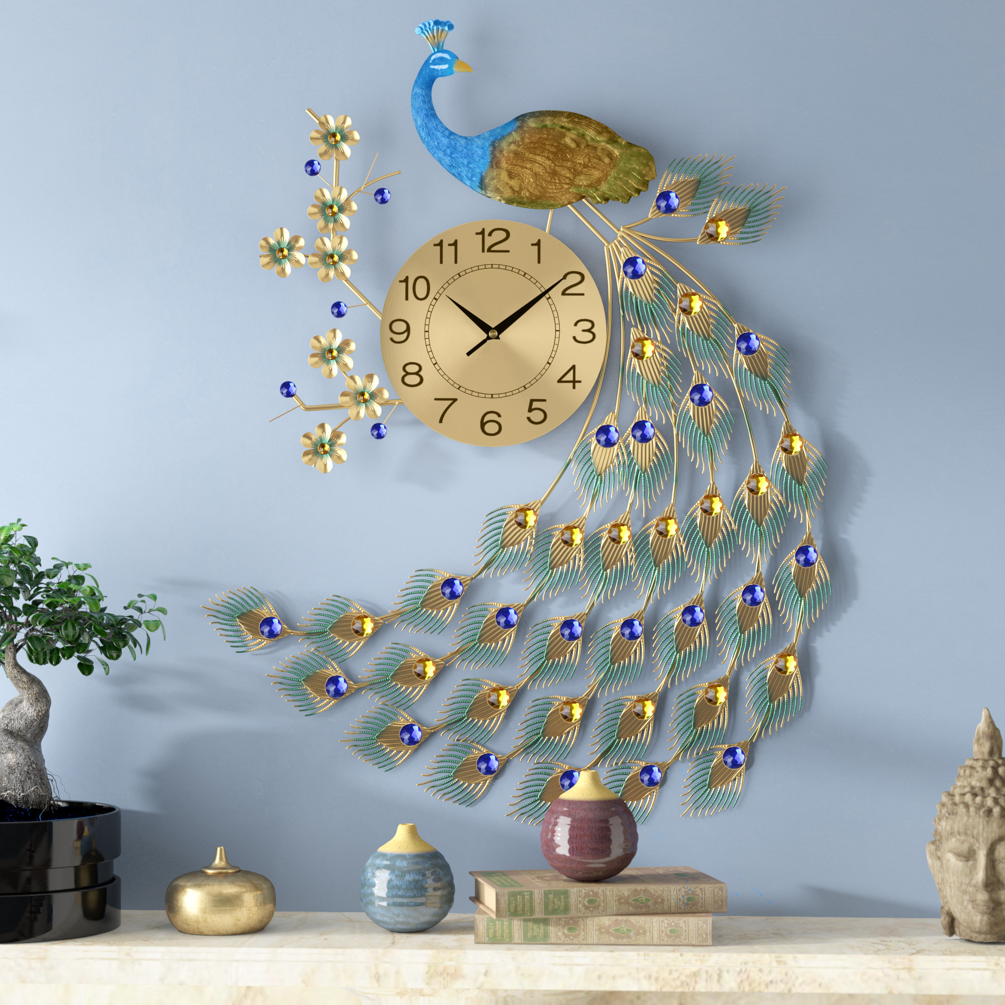 House of Hampton® Oversized Shala Peacock Wall Clock & Reviews Wayfair