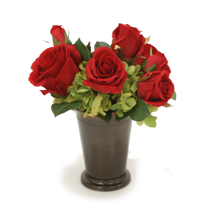 Distinctive Designs Red Roses And Green Hydrangeas In Mint Julep