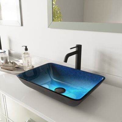 Onyx Glass Rectangular Vessel Bathroom Sink with Faucet VIGO Sink Finish: Turquoise, Faucet Finish: Matte Black