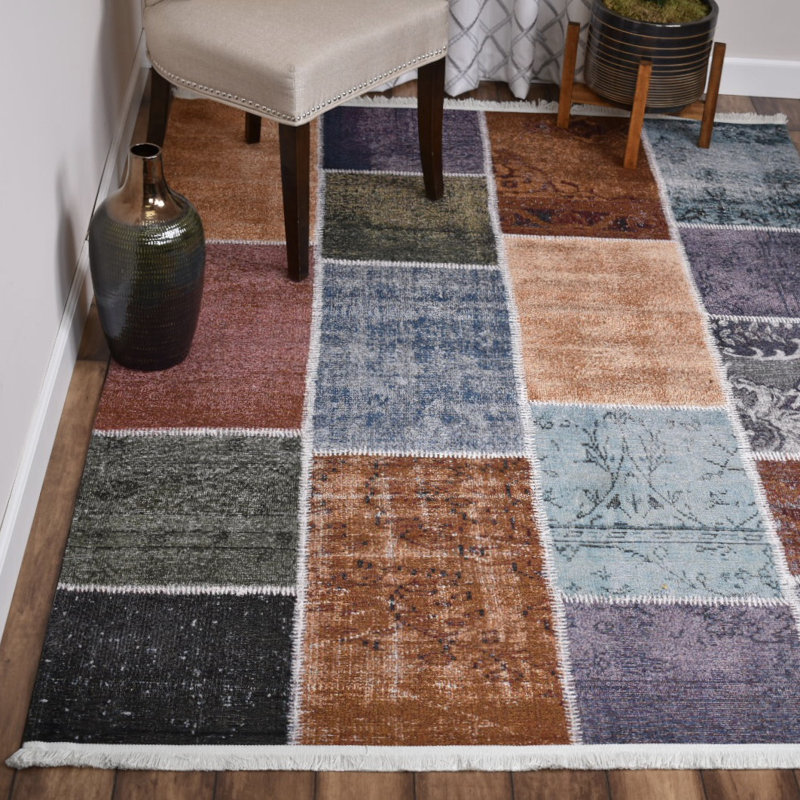Winston Porter Vivant Patchwork Flatweave Brown Blue Area Rug Wayfair