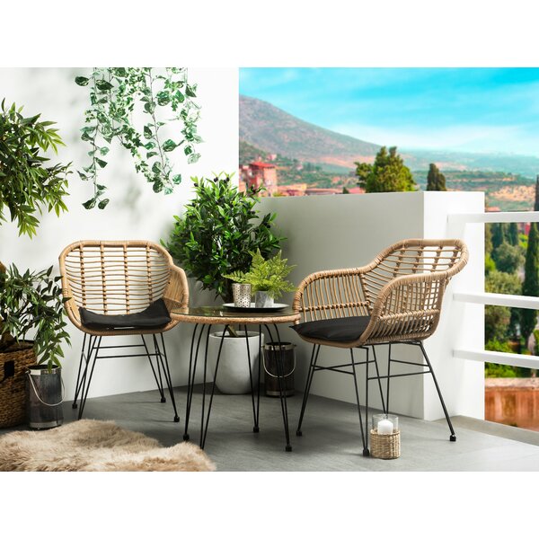 Beige Thickened Cushion LINLUX 3 Piece Outdoor Patio Bistro Set Steel Chair Conversation Furniture with Glass Coffee Table 