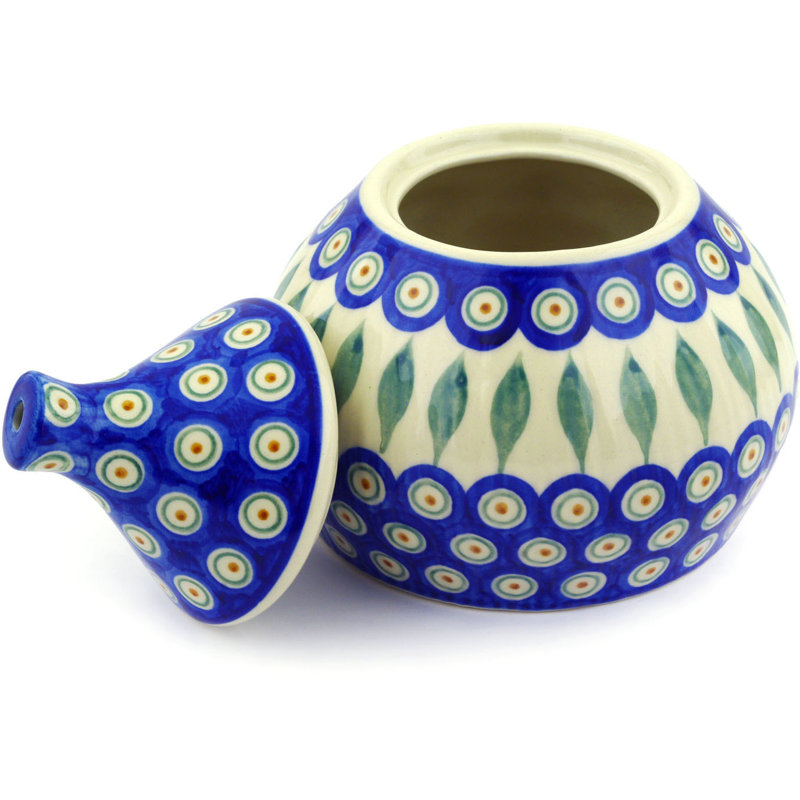 Polmedia Polish Pottery Peacock Garlic And Onion Kitchen Canister