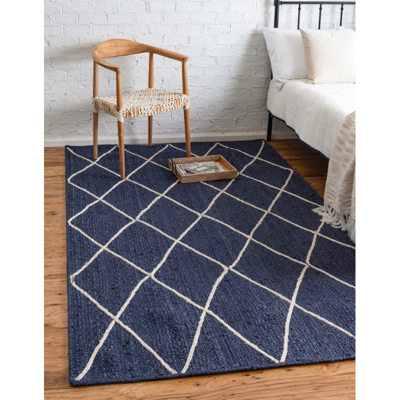 Union Rustic Geometric Jute Navy Blue Ivory Indoor Outdoor Area Union Rustic Geometric Jute Navy Blue