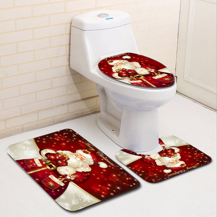 Christmas Bathroom Non-Slip Pedestal Rug+Lid Toilet Cover+Bath Mat LUS 3pcs/set