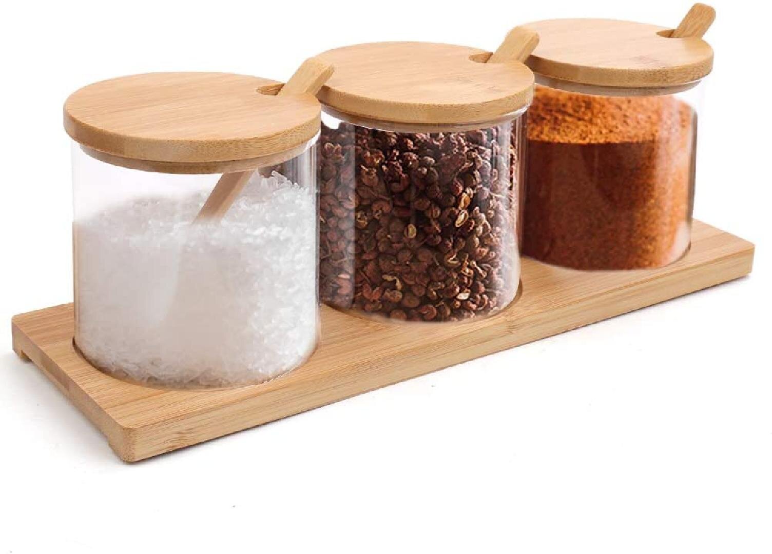 Glass Spice Box Storage Container Jar Condiment Salt Seasoning Box Spoon 3pc/set