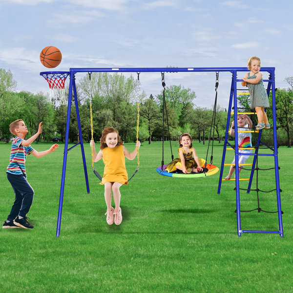 Klo Kick 440lbs Swing Set With Heavy Duty A Frame Metal Swing Stand Saucer Swing Belt Swing Climbing Net Climbing Ladder Basketball Hoop Reviews Wayfair Klo Kick 440lbs Swing Set With Heavy Duty A Frame Metal Swing Stand Saucer Swing Belt Swing Climbing Net Climbing Ladder Basketball Hoop Reviews Wayfair