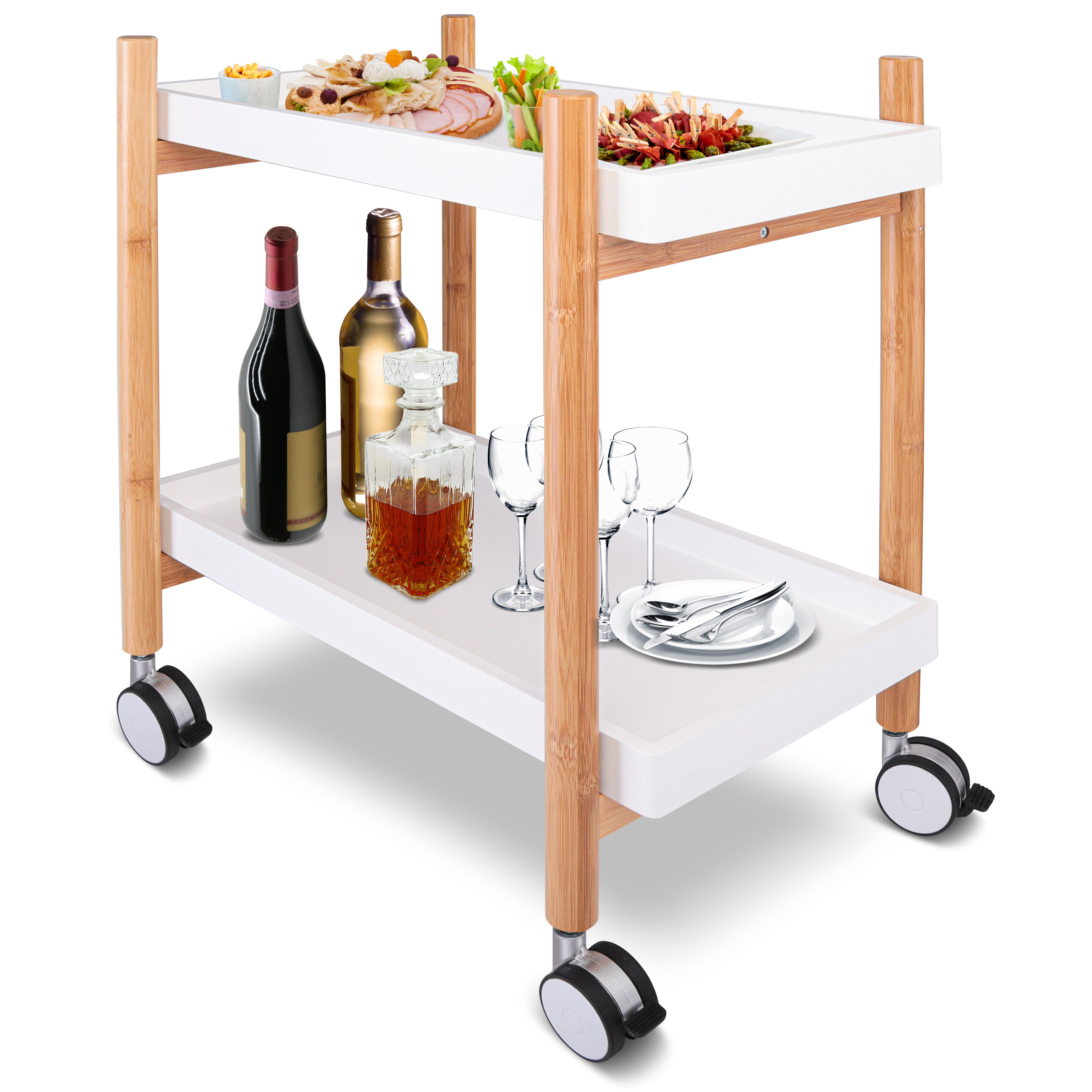 Modern Serving Cart for The Contemporary Home Abington Lane Two-Tier Contemporary bar Cart with Wheels Natural Wood Finish