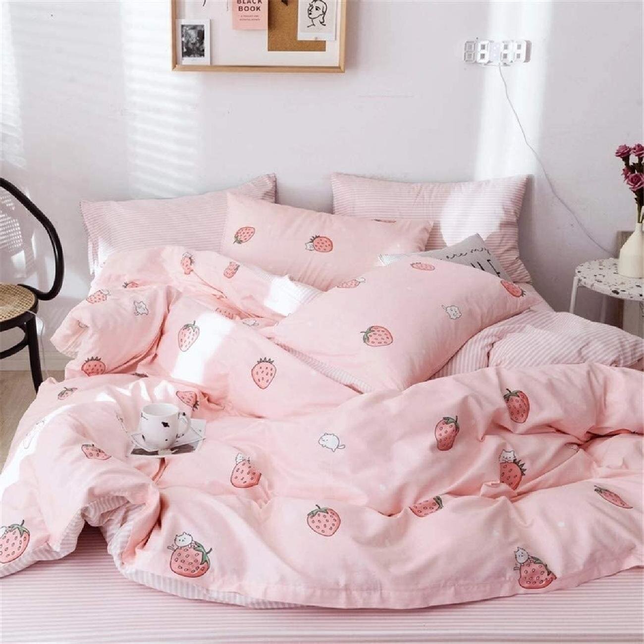 Girls Duvet Cover Twin Size,Strawberry Fruit Duvet Cover Set,Soft Cotton  Pink Striped Bedding Set For Teen Girls Lovely Home Bedding Collection