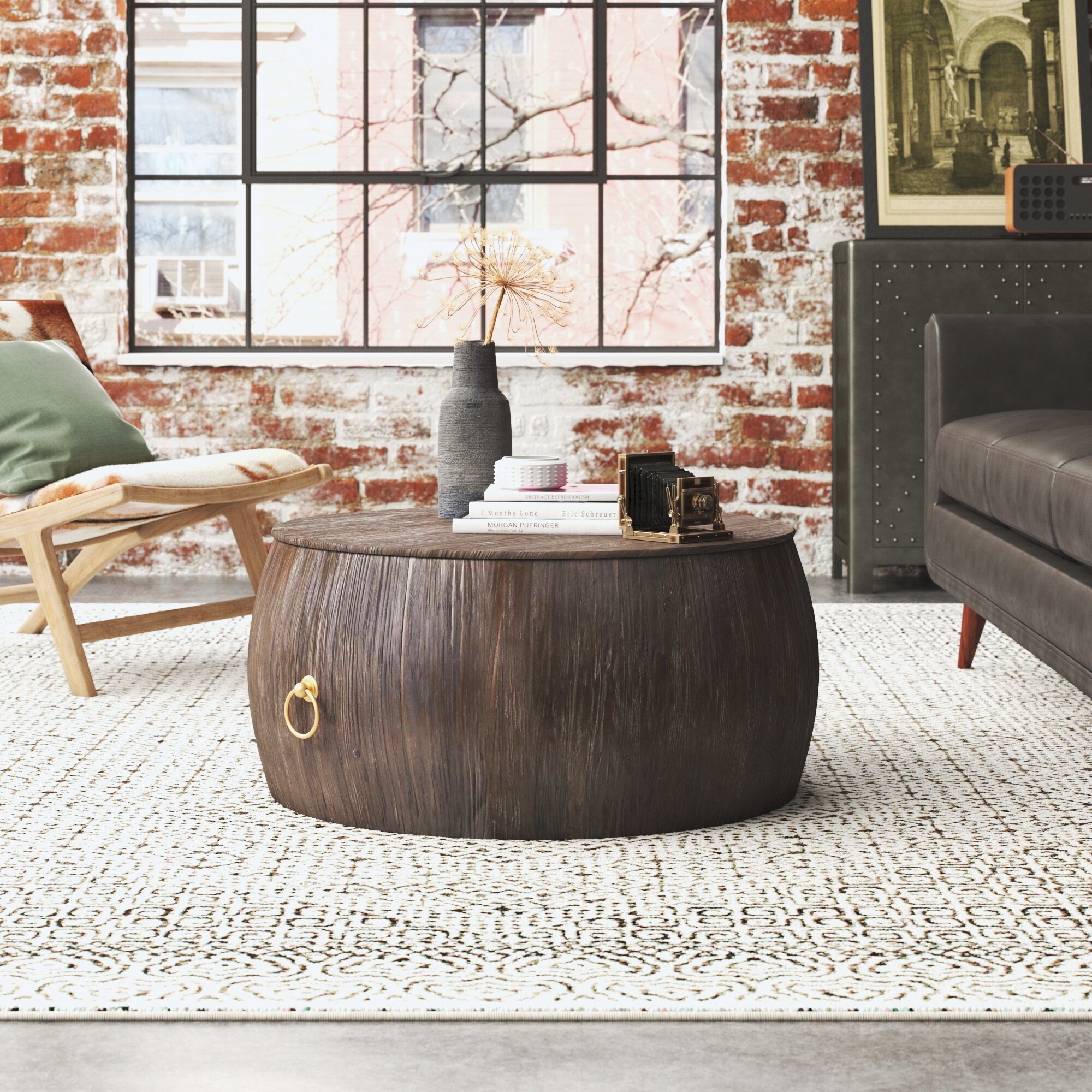 dark wood drum coffee table