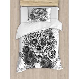 Ambesonne Skull Duvet Cover Set Queen Size Red Black White Green Decorative 3 Piece Bedding Set with 2 Pillow Shams Dead Hair Sugar Skull Lady with Roses in Retro Ink Style Design Print