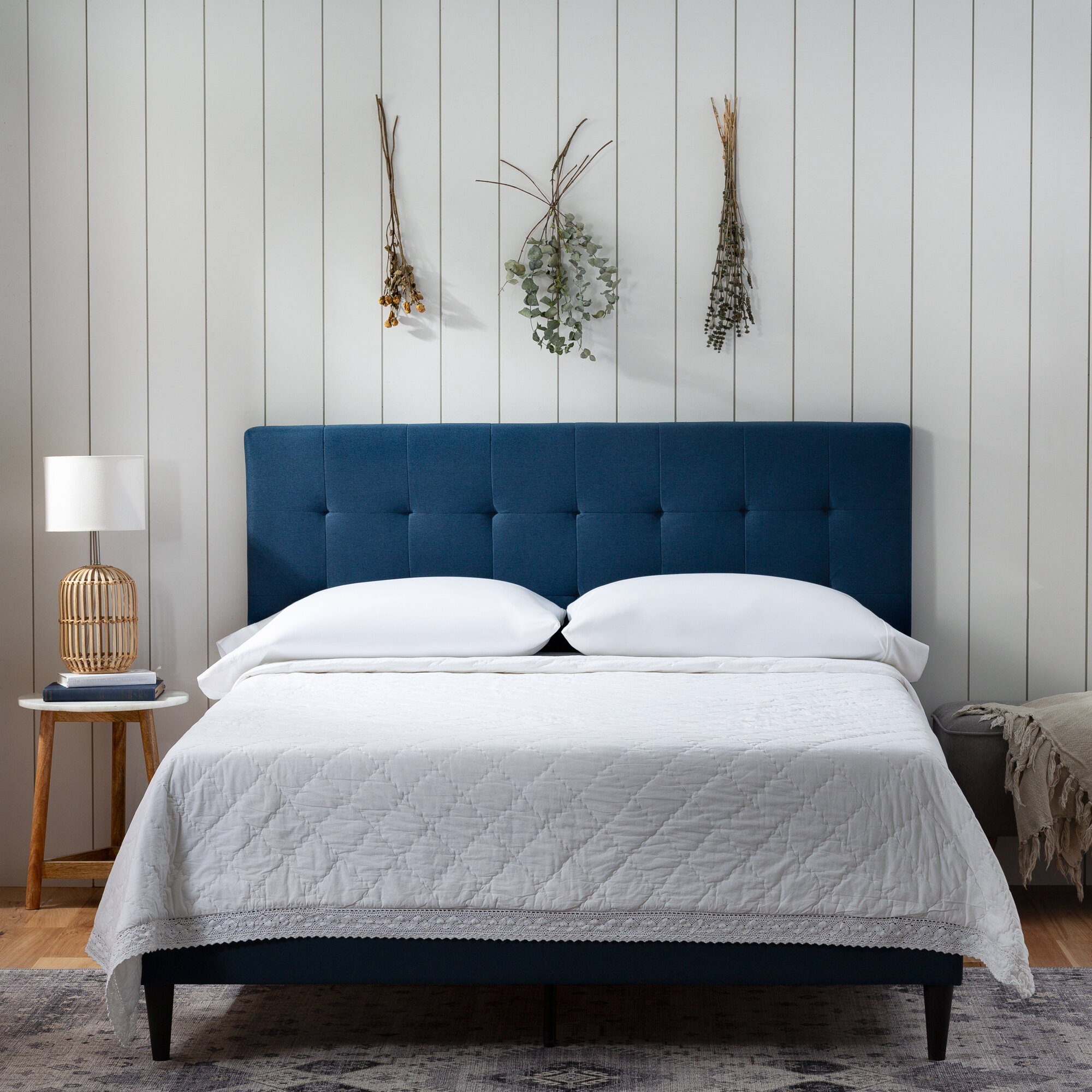 Details about   Mid Century Bedroom Bed Frame Headboard with Slats Full Size Bed Grey 