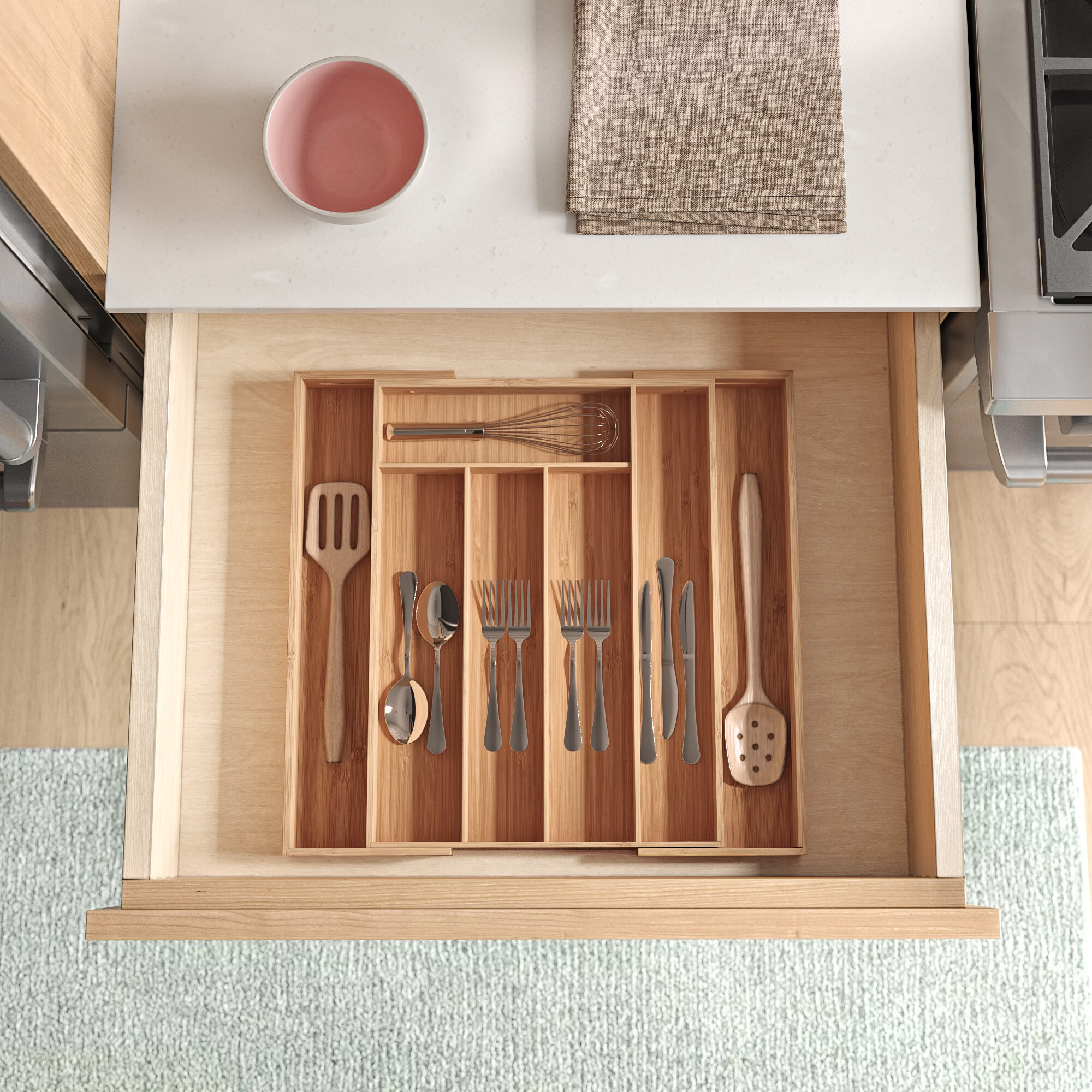 Dotted Line Erica Bamboo Adjustable Flatware Drawer Organizer