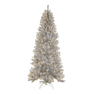 6.5' Silver Tinsel Noble Pine Artificial Christmas Tree with Clear Light