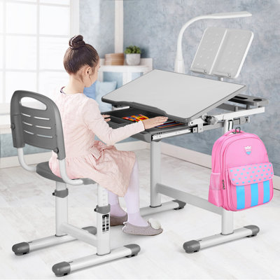 Overby Kids Study Desk And Chair Set Height Adjustable Children School Girl Table Large Writing Board Desk With Led Lamp Pull Out Drawer Pencil Case Bookstand