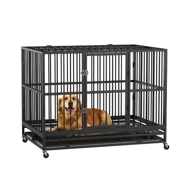 Lemberi Heavy Duty Dog Cage Crate Lockable Wheels Easy to Assemble with Two Prevent Escape Lock Removable Tray for Indoor Outdoor Pet Kennel Strong Metal for Training Large Dog 