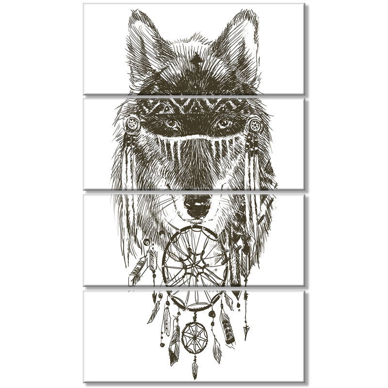 Designart Funny Indian Wolf Warrior Watercolor 4 Piece Painting