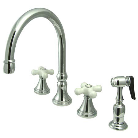 Deck Mount Double Handle Widespread Kitchen Faucet with Porcelain Cross  Handle