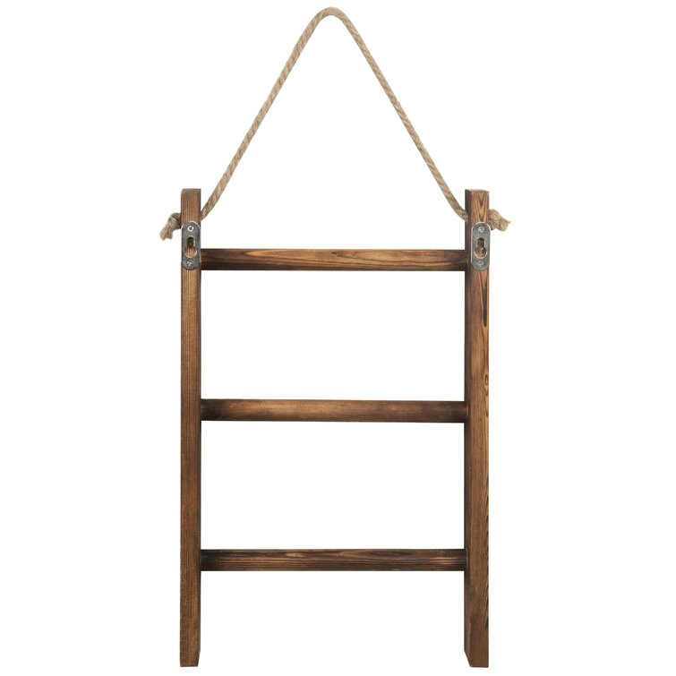 MyGift 5 Tier Wall Hanging Natural Brown Wood and Rope Towel Ladder Rack 