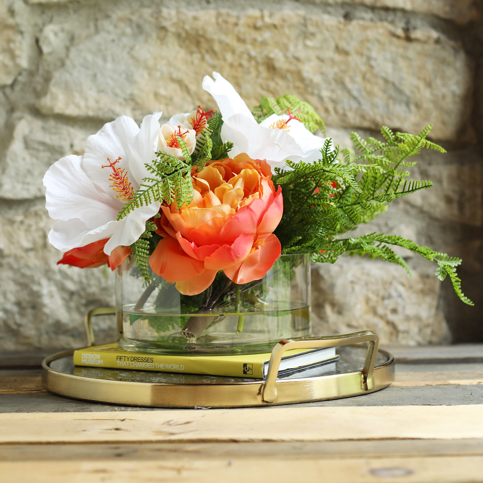Darbycreektrading White Hibiscus Orange Peony Fern Tropical Floral Arrangement Centerpiece In Low Glass Cylinder Wayfair