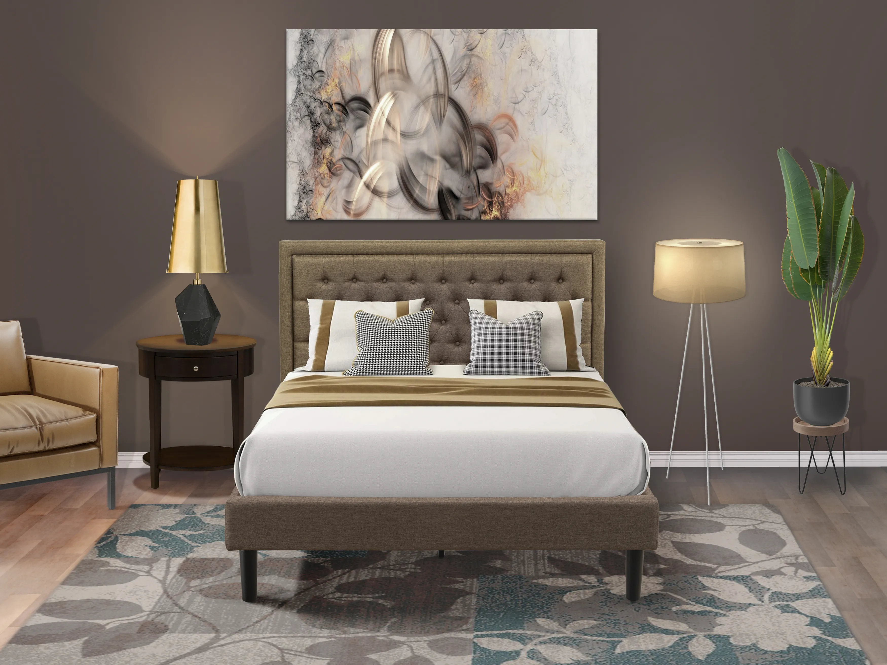 East West KD18Q1HI0M 2 Piece Queen Size Bed Set 1 Wood Bed Frame