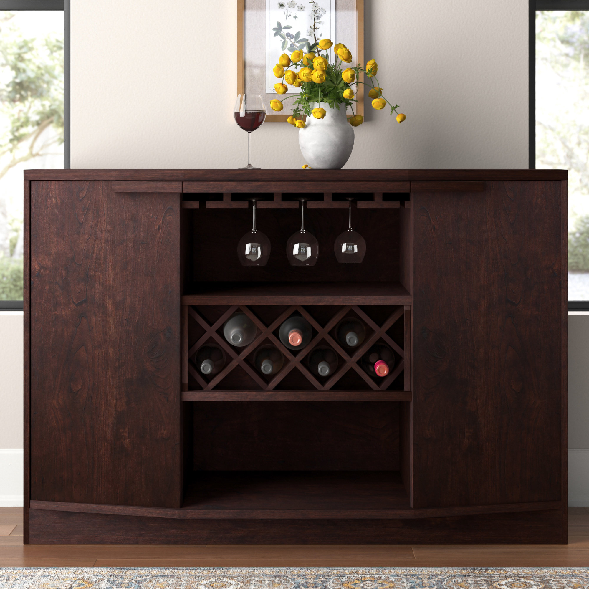 Wine Rack Drinks Storage Cupboard 2 Door Cabinet Sideboard Pine and Stone Finish 