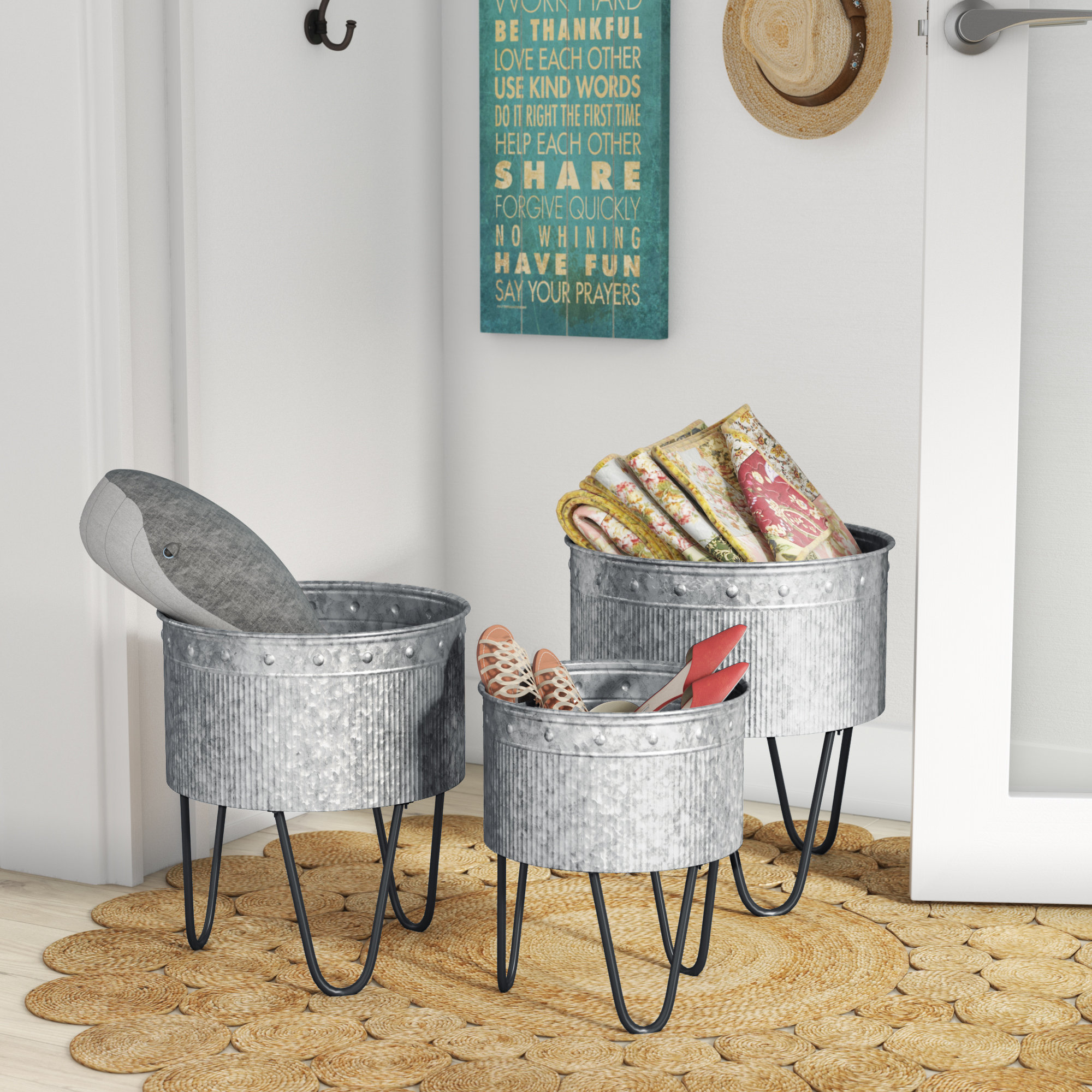 Set of 3 Industrial Galvanized Metal Baskets Fruits & Vegetable Storage