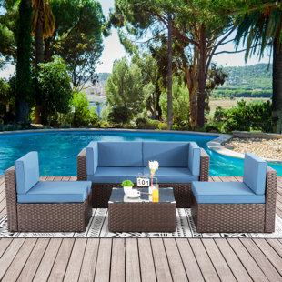 5Pcs Patio Outdoor Furniture Sets,Low Back All-Weather Rattan Sectional Sofa With Tea Table&Washable Couch Cushions(Brown Rattan)(Red) (Set of 5)