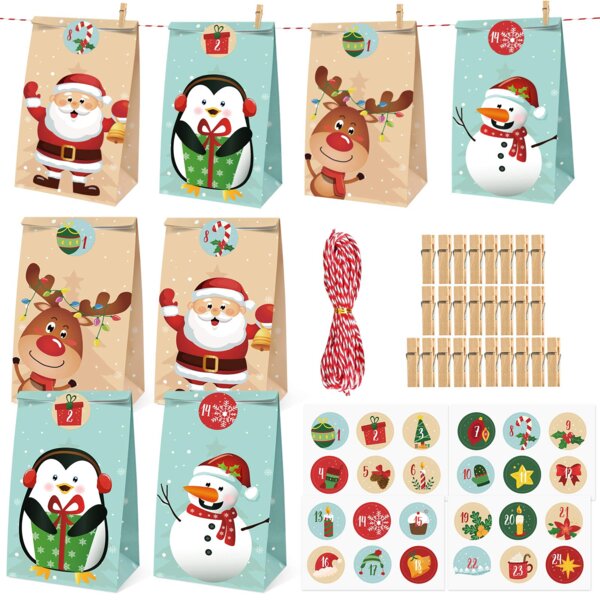 Countdown to Christmas Advent Calendar Fillers Christmas Kraft Pillow Box Advent Calendar Boxes 24pcs Christmas Kraft Paper Gift Bags DIY Advent Calendars 1-24 Stickers Advent Gift Box 2020