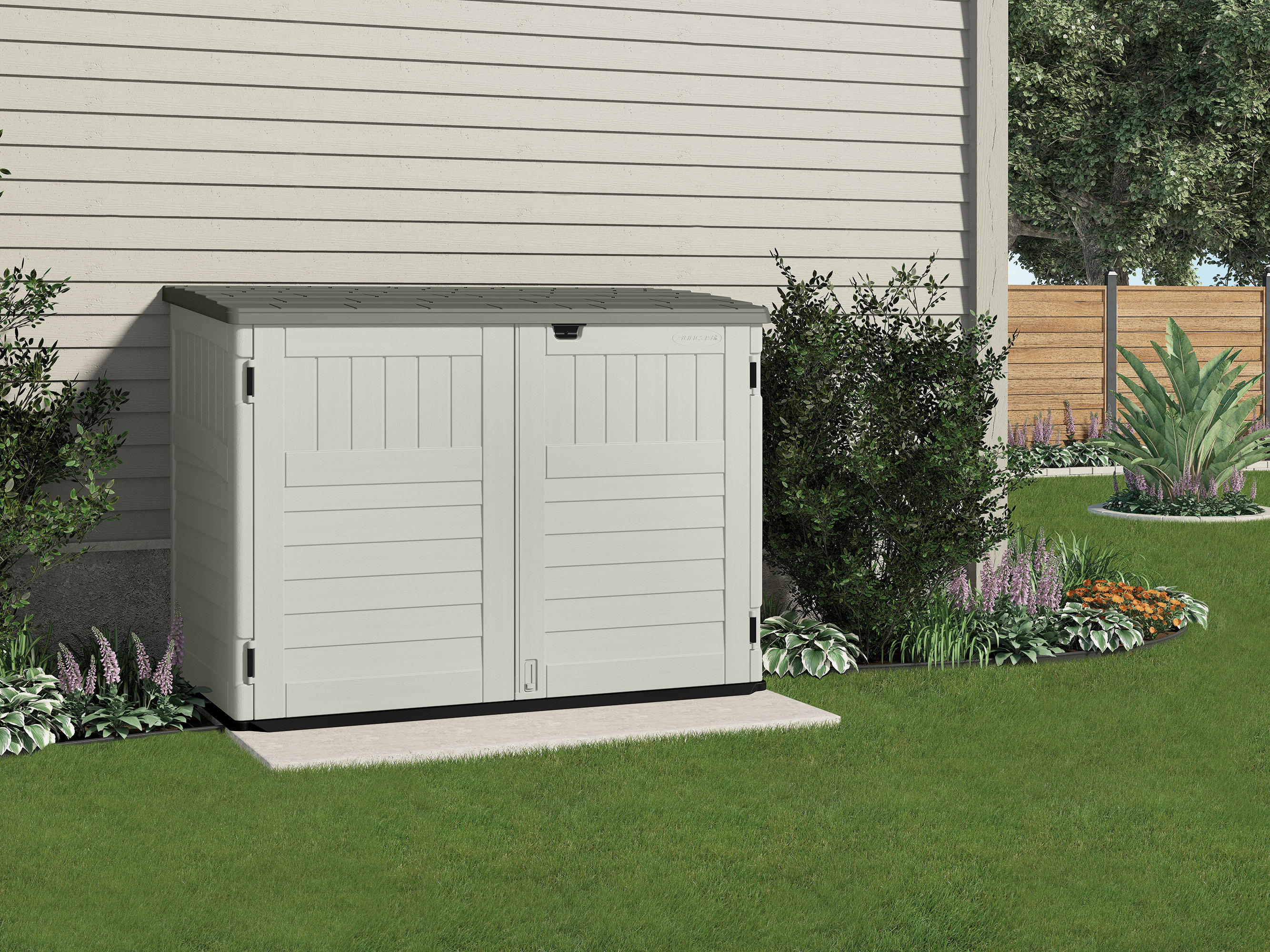Suncast Resin Outdoor 2 Container 5 Ft 10 In W X 3 Ft 8 In D Plastic Horizontal Garbage Storage Shed Reviews Wayfair Suncast Resin Outdoor 2 Container 5 Ft 10 In W X 3 Ft 8 In D Plastic Horizontal Garbage Storage Shed Reviews Wayfair