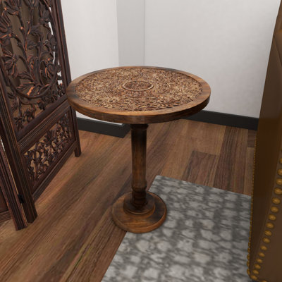 Mango Wood Handmade Intricately Carved Floral Side End Accent Table with Turned Base