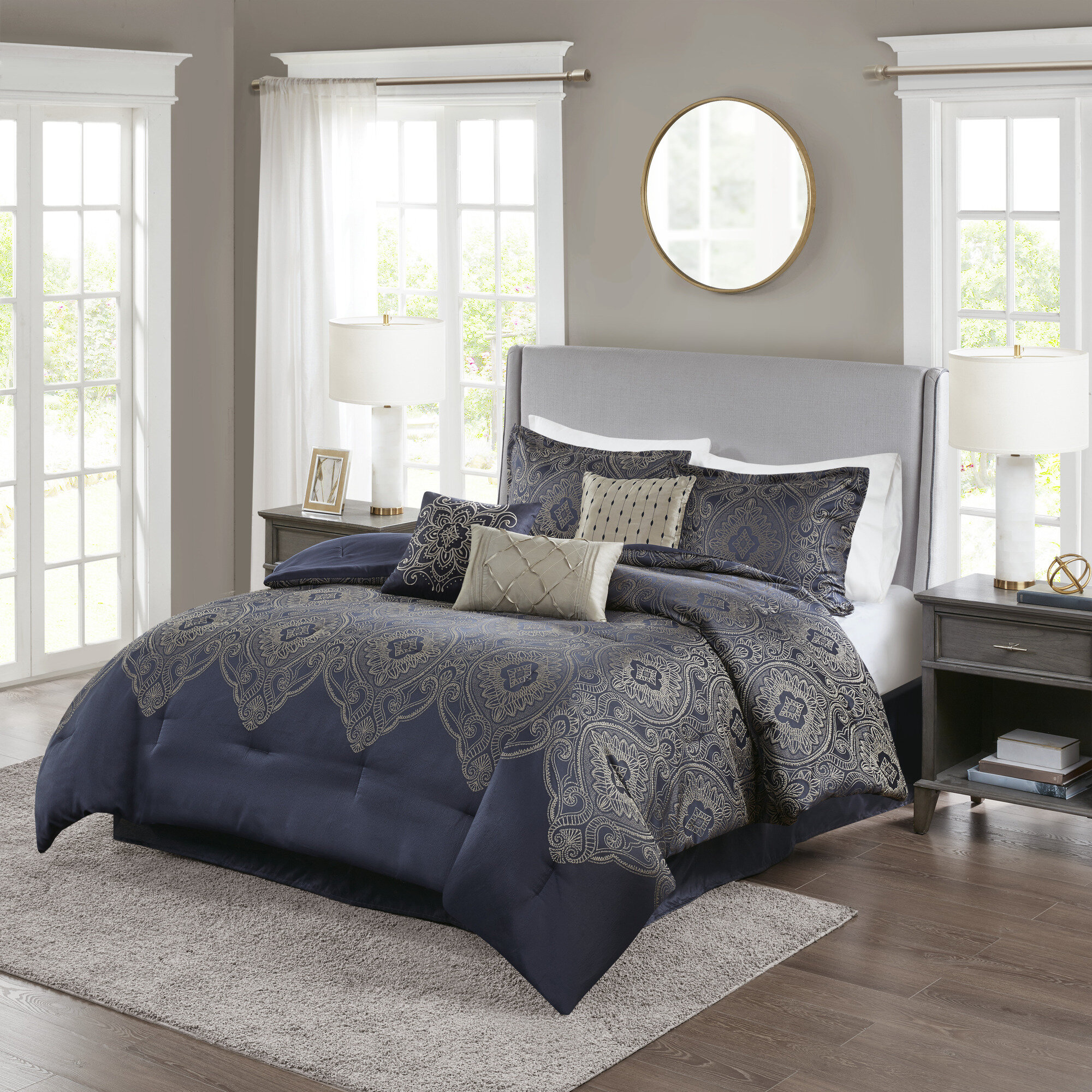 7 Pieces Luxury Embroidery Pattern Microfiber Comforter Set Navy Blue King Size 