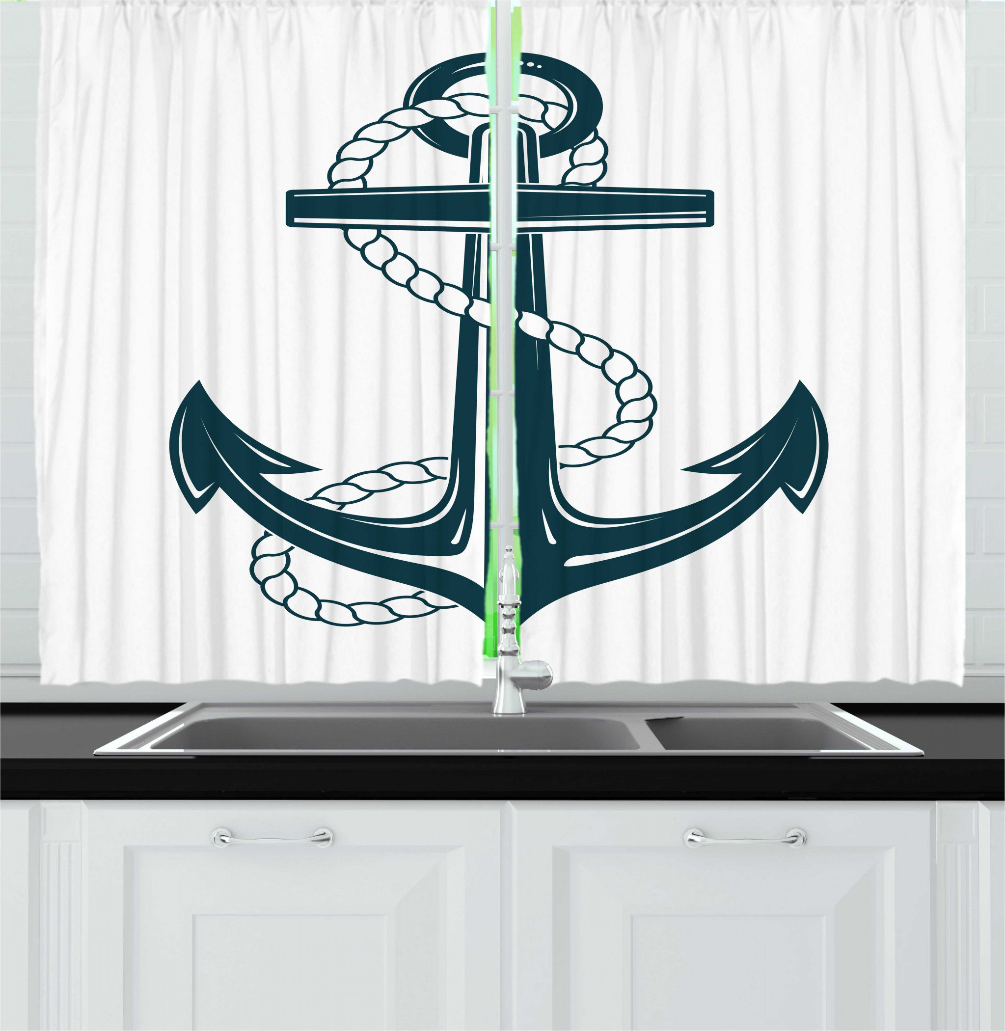 East Urban Home 2 Piece Navy White Iconic Symbol Of Maritime Nautical Anchor With A Rope Monochrome Art Kitchen Curtain Set Wayfair