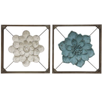 Bungalow Rose 2 Piece Box Framed Metal Flower Wall Decor Set