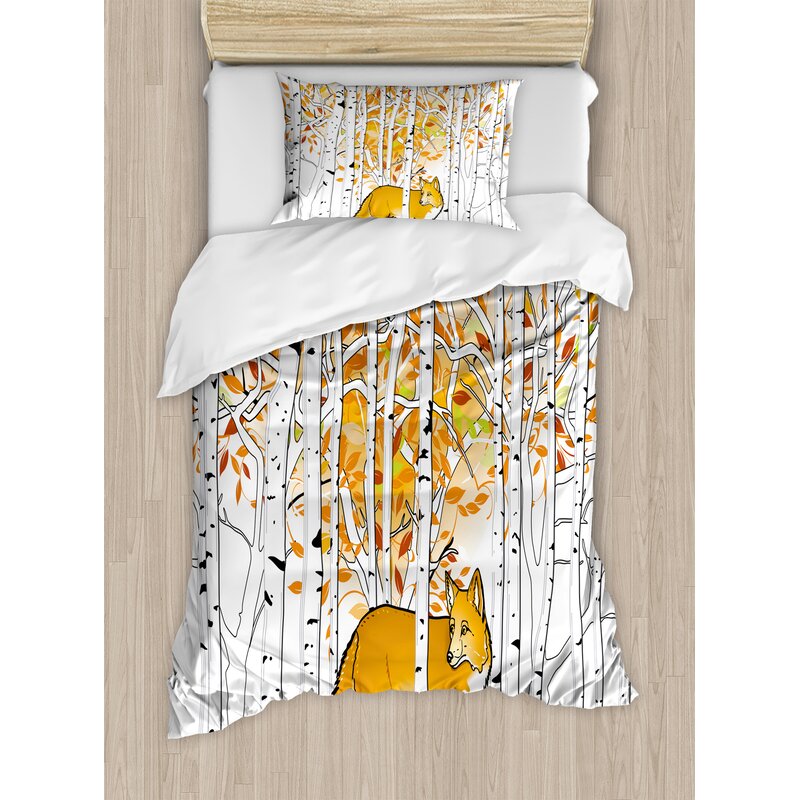 Ambesonne Hunting Fox In Autumn Forest Birch Trees Rustic
