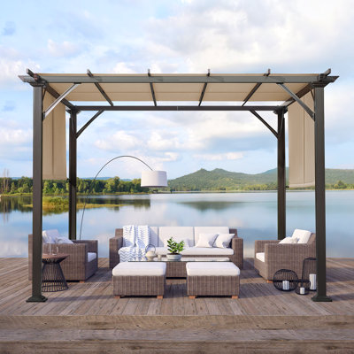 8 Ft. W X 5 Ft. D Pergola with Canopy, Aluminum Louvered-Top Grill Gazebo, Outdoor BBQ Gazebo with Built-In Gutter System, Grill Canopy with Side Storage Shelves