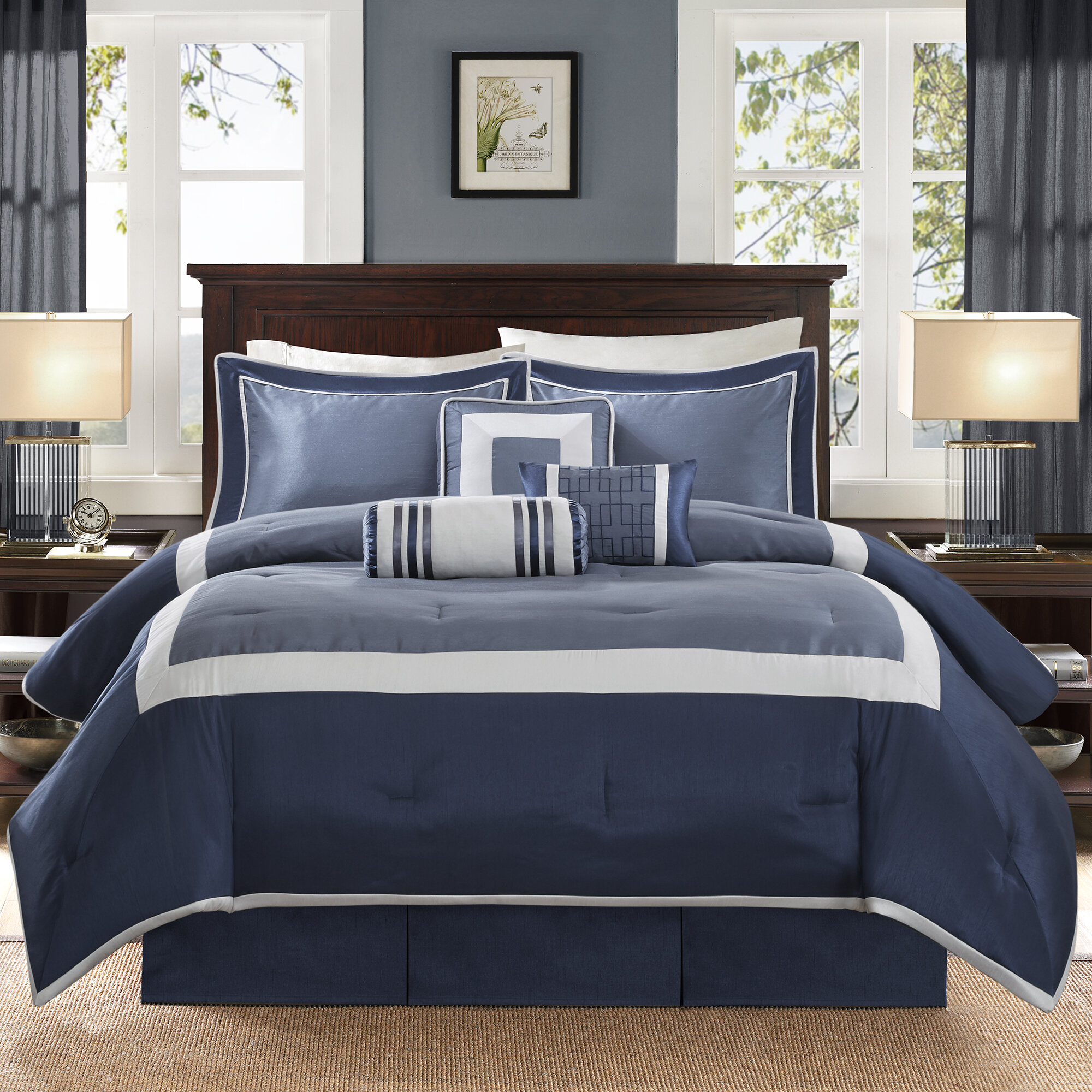 New 7 PIECE Blue REVERSIBLE Gray Full Size Comforter Set Sheets Bedding Bedsprea 