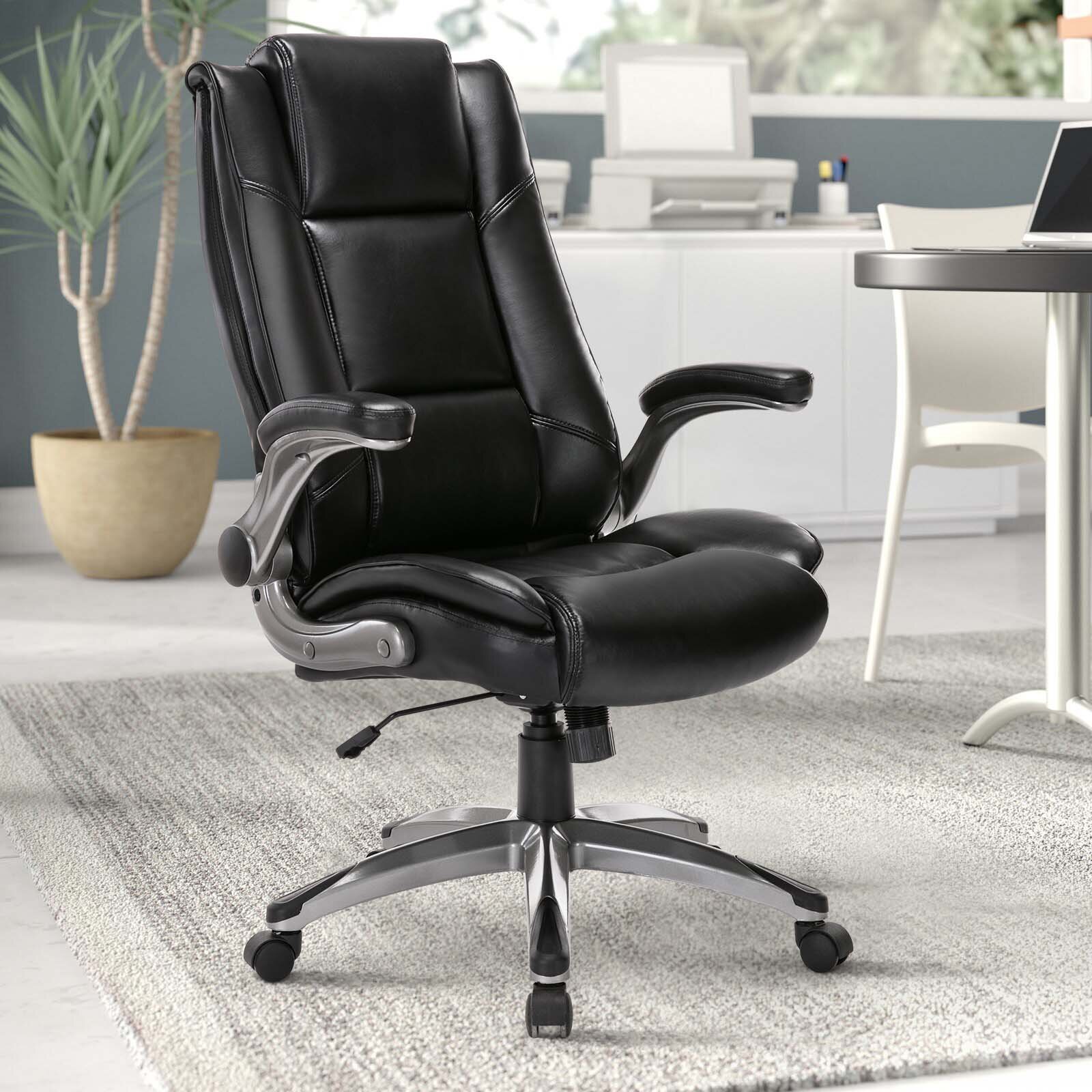 Basics Extra Comfort High-Back Leather Executive Chair with Flip-Up Arms and Lumbar Support 