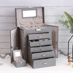 Rustic Distressed Wood Jewelry Box Gray Organizer with 4 Glass Paneled Drawers 