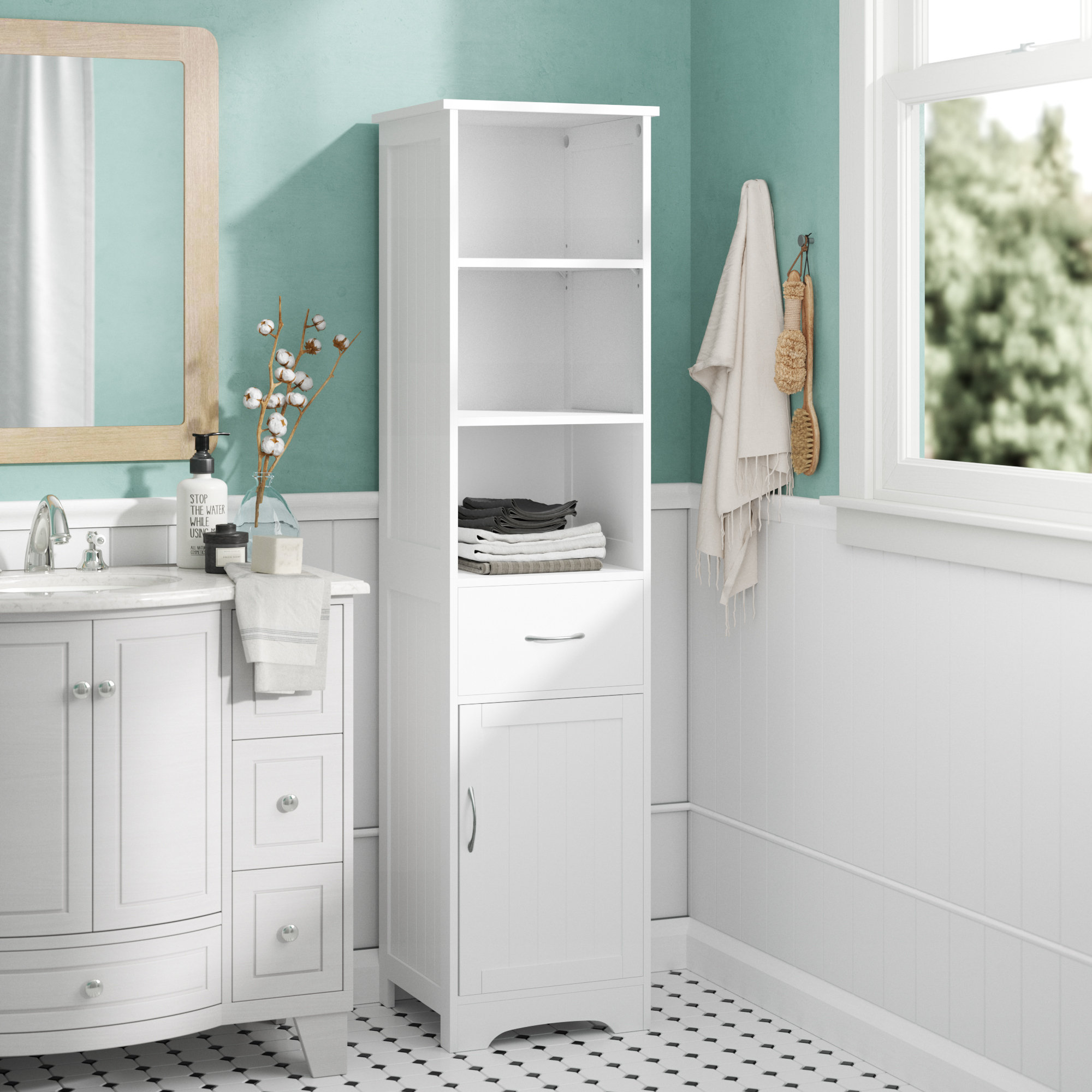 white bathroom shelving unit