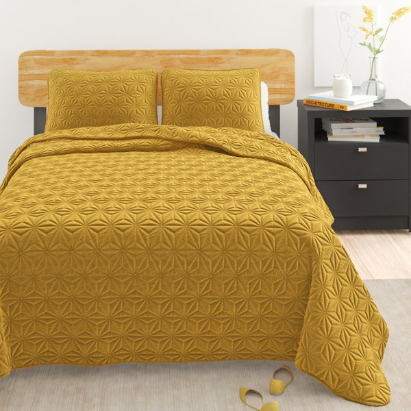 Quilt Set Queen Size 3 Pcs Soft Reversible Blue Mustard Patchwork Design 
