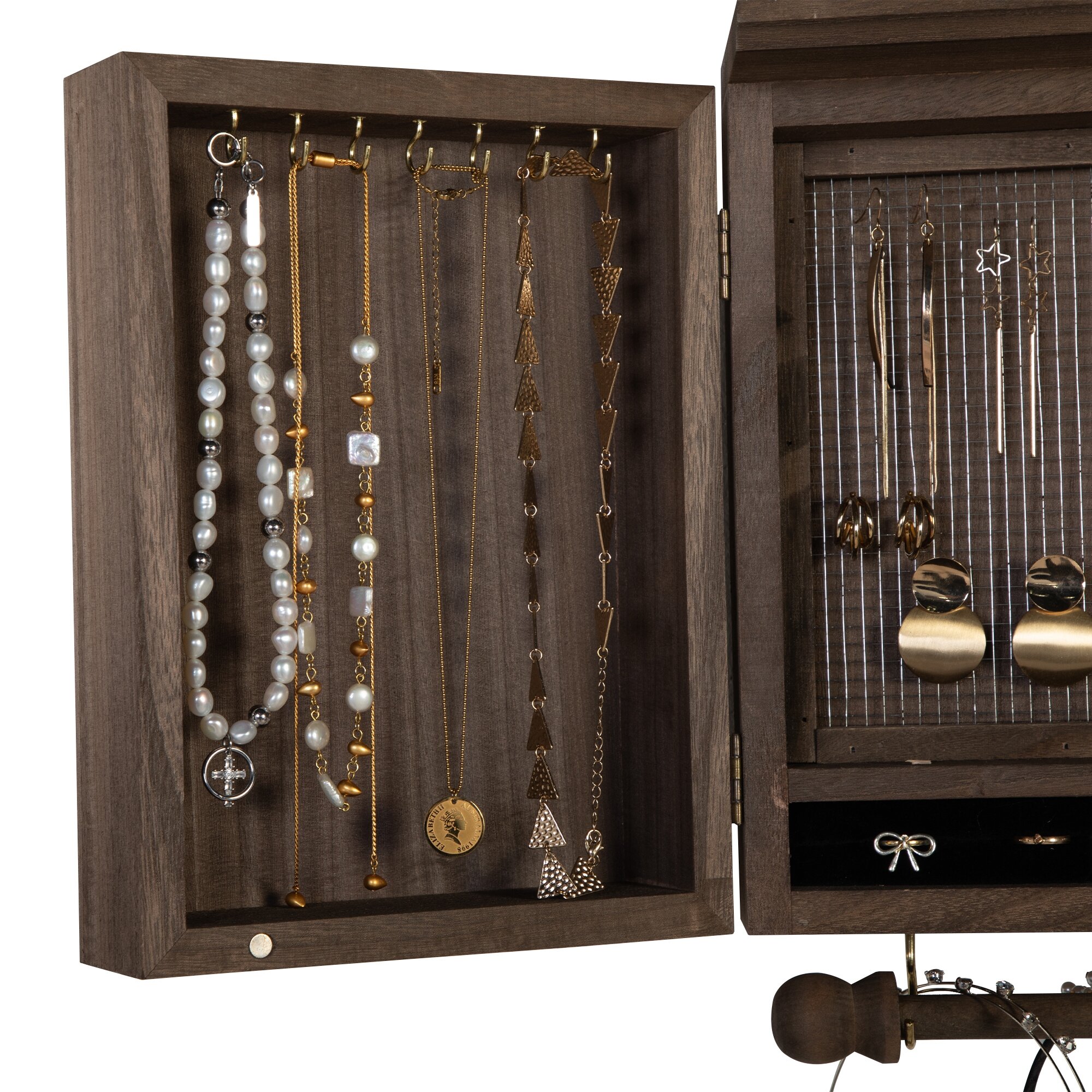 Includes Hook Organizer Bracelets Accessories Earings Rings Rustic Wall Mounted Jewelry Organizer,Vintage Wooden Hanging Jewelry Holder Box with Barndoor Decor for Necklaces 