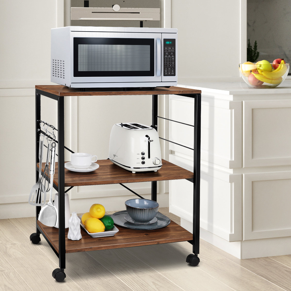 Cheflaud 3 Tier Kitchen Cart Multifunction Rolling Microwave Oven Stand Utility Storage Shelf With Metal Frame Wayfair