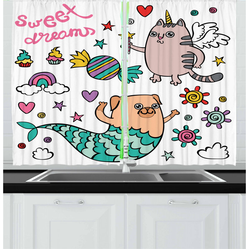 East Urban Home 2 Piece Unicorn Cat Kitchen Curtain Wayfair
