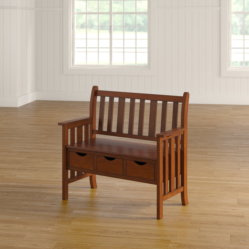 Pine Crest Mission Style Solid Wood Bench w// 3 Storage Drawers Under Seat in Oak