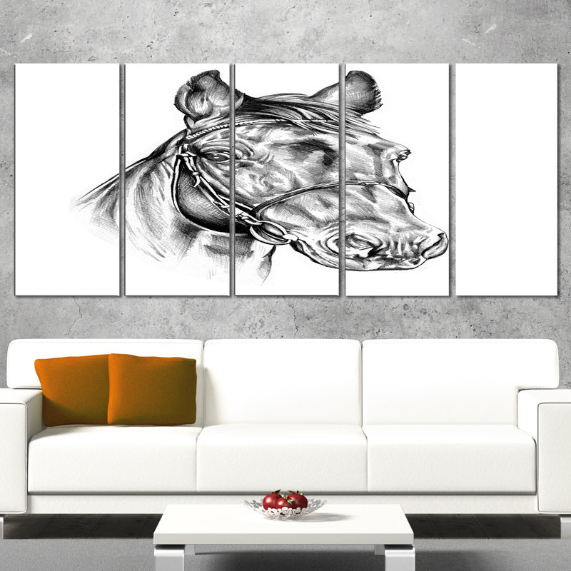 Designart Freehand Horse Head Pencil Drawing 5 Piece Graphic Art
