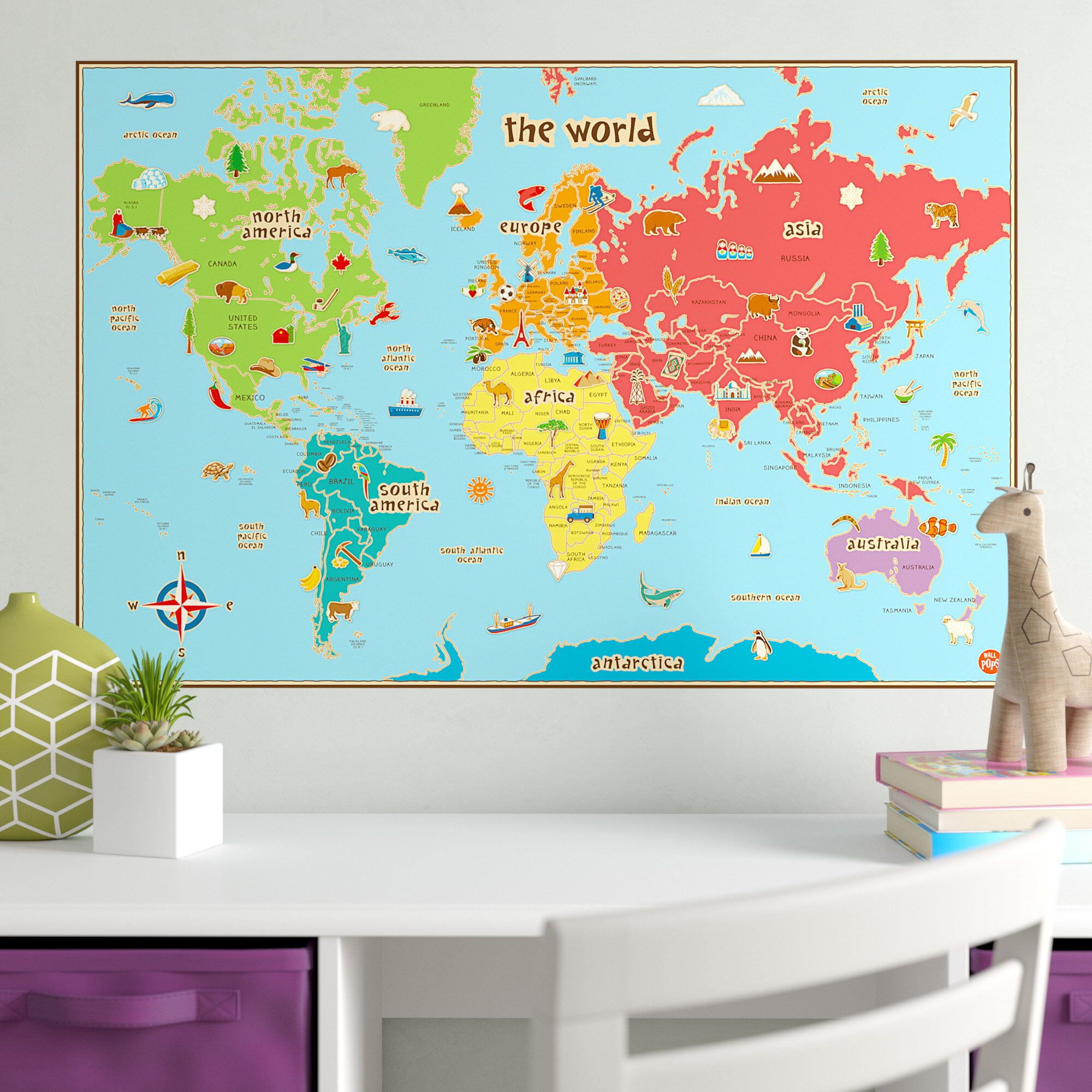 Cartoon Map of the World for Children Kids Bedroom Framed Canvas Art Print .3 