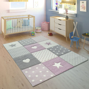 Schöner Flachgewebe Kinderzimmer Teppich Verspieltes Druckmotiv Stern Pink