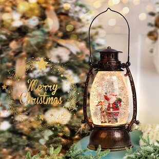 12 Inch Large Decorative Snow Globe Christmas Lantern Santa Claus with Trees Water Swirling Glitters Lined Lighted for Vintage Christmas Decorations Battery Operated