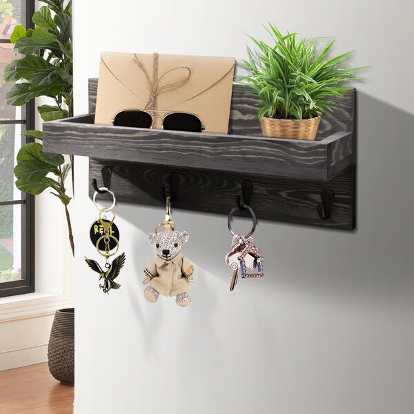 Rustic Gray Wood Letter & Key Rack Holder Wall Mounted Mail Sorter with 6 Key Hooks Organizer Hanger for Entryway Home Office Mudroom Kitchen Brown